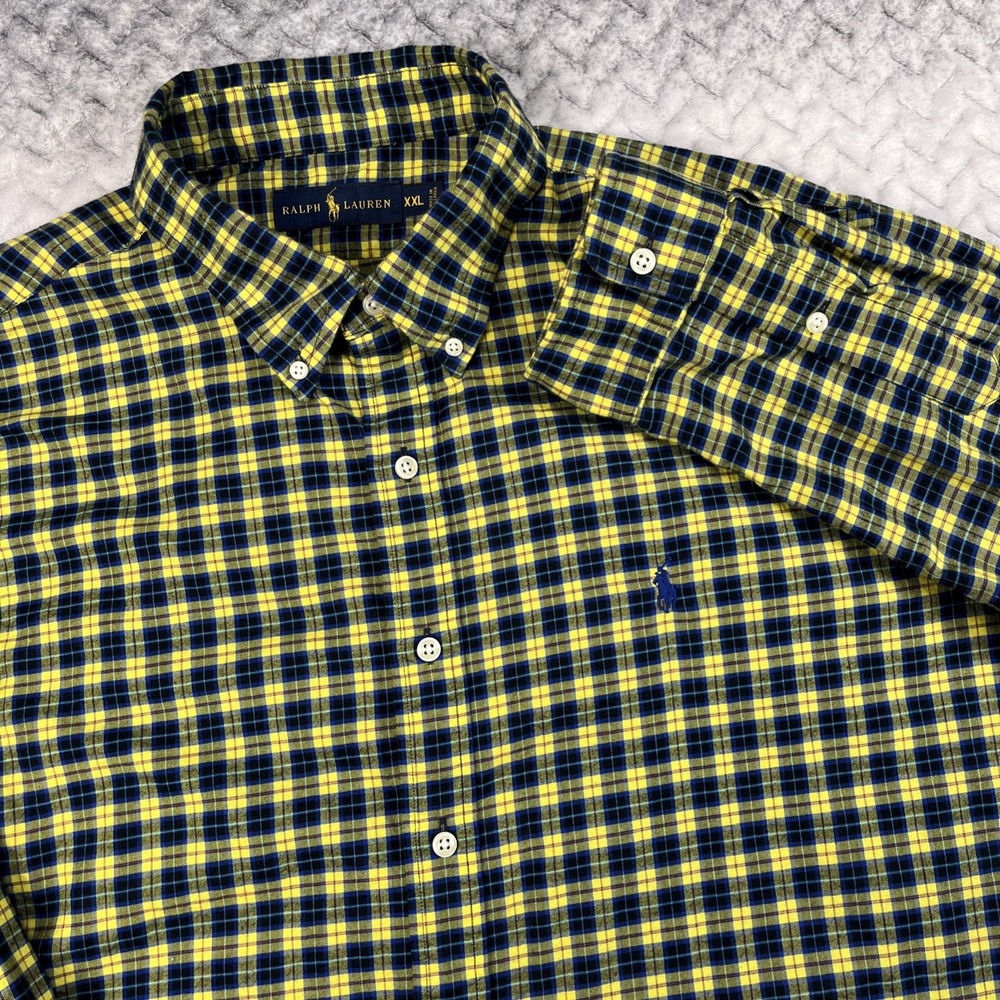 Ralph Lauren Shirt Mens XXL Yellow Blue Check Tattersall‎ Button Pony Flannel